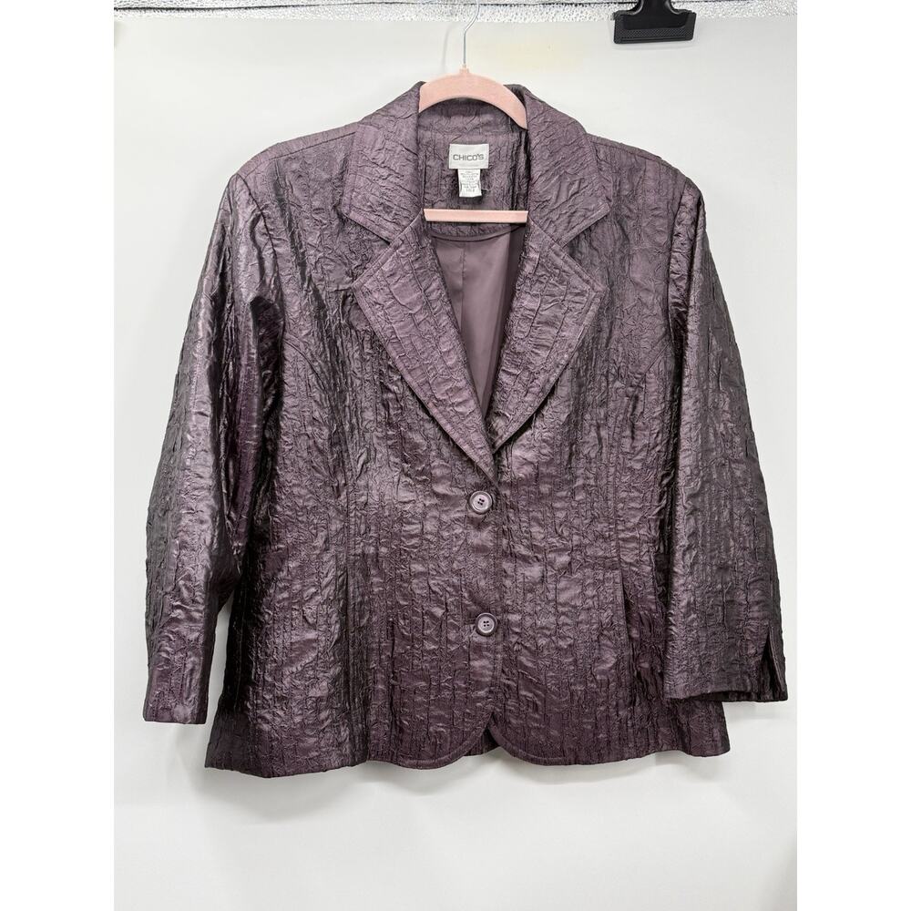 Chico’s Textured Blazer Jacket Size 2 Large Purple Brown Crinkle Career Classic